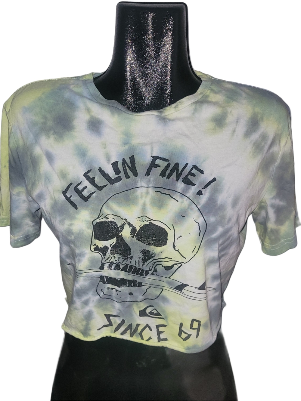 Quiksilver Green & Grey Tie-Dye Skull Crop Tee Size S